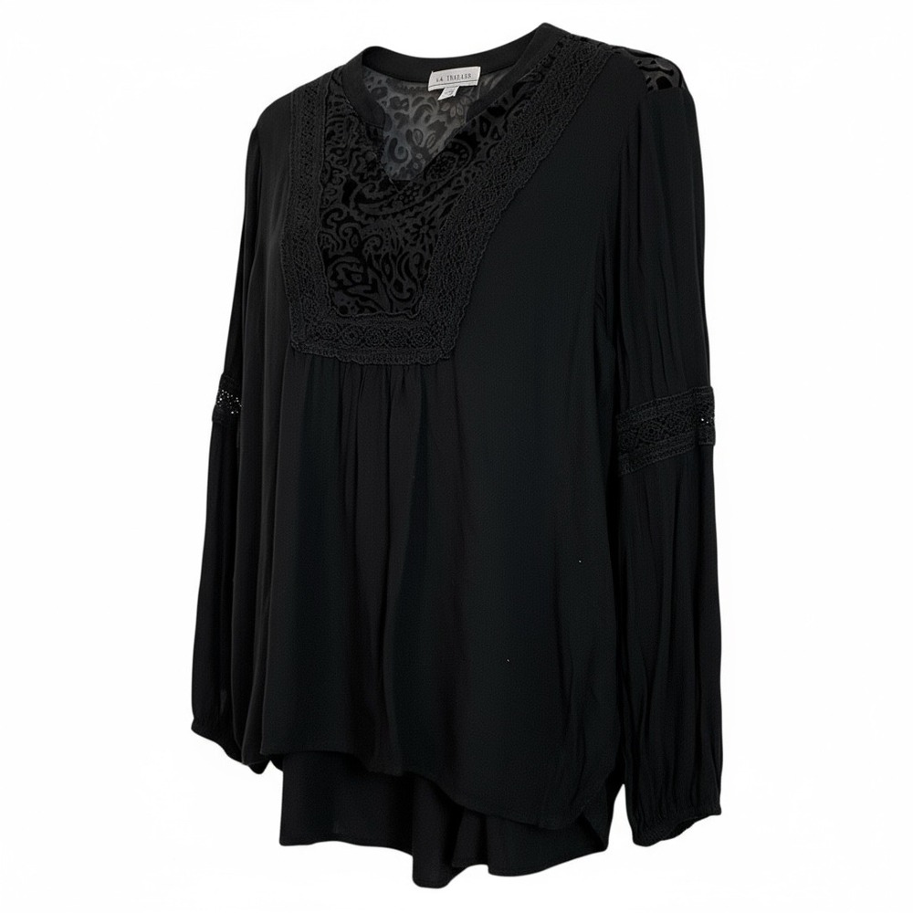 LA Threads Black Velvet Burnout Paisley Long Sleeve Blouse Top‎ M Goth (3137)